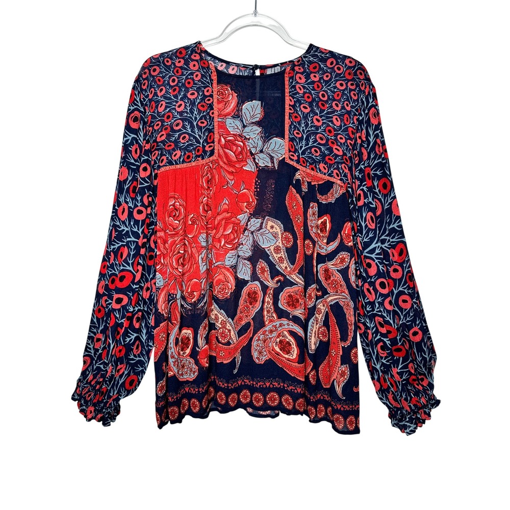 Blank London Tunic Top XL Blue Red Floral Paisley Mixed Print Balloon Sleeve